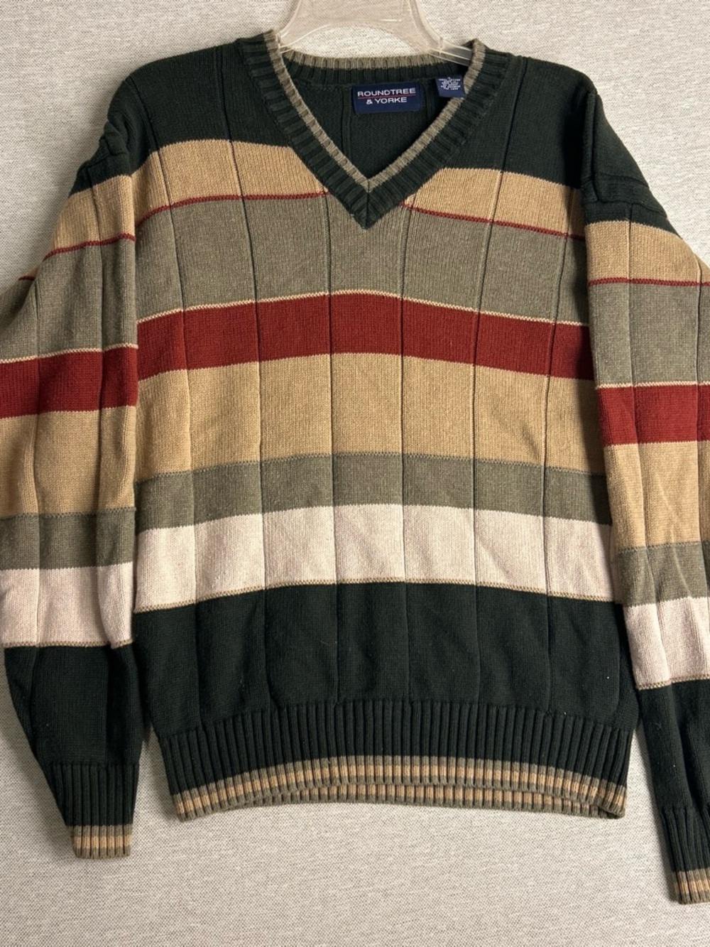 Roundtree & Yorke Dark Green, Tan, Red and Cream Striped V-Neck Sweater